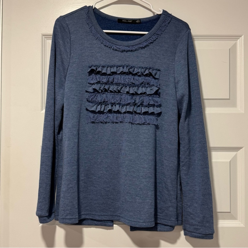 Doe & Rae Blue Ruffle Long Sleeve Top with Open Back 04-0121 - Picture 2 of 9